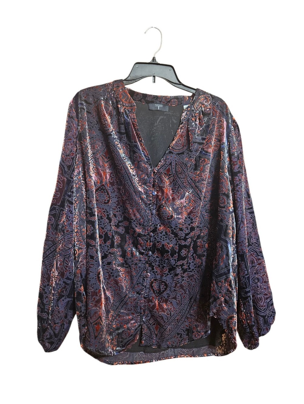 Tahari Womens Size 1X Velvet Paisley Blouse Deep Amethyst Long Balloon Sleeve!